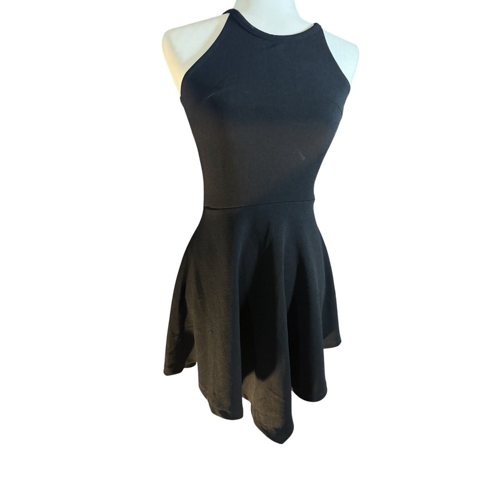 rue21 Womens Black Skater Dress Small Halter Neck Sleeveless Gold Zipper Mini